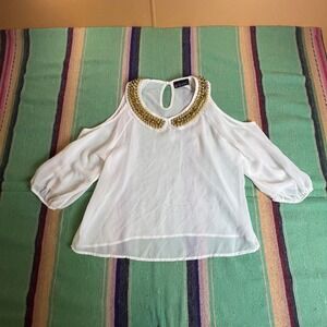BodyC Blouse Womens Medium White Gold Studded Cold Shoulder Chiffon Top USA